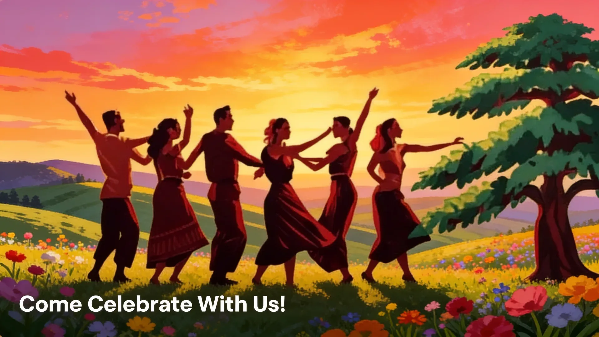 Come celebrate with us — dabke folk dancers performing a linked-arm line dance beside a Lebanese cedar tree at sunset, Central Valley Lebanese Festival