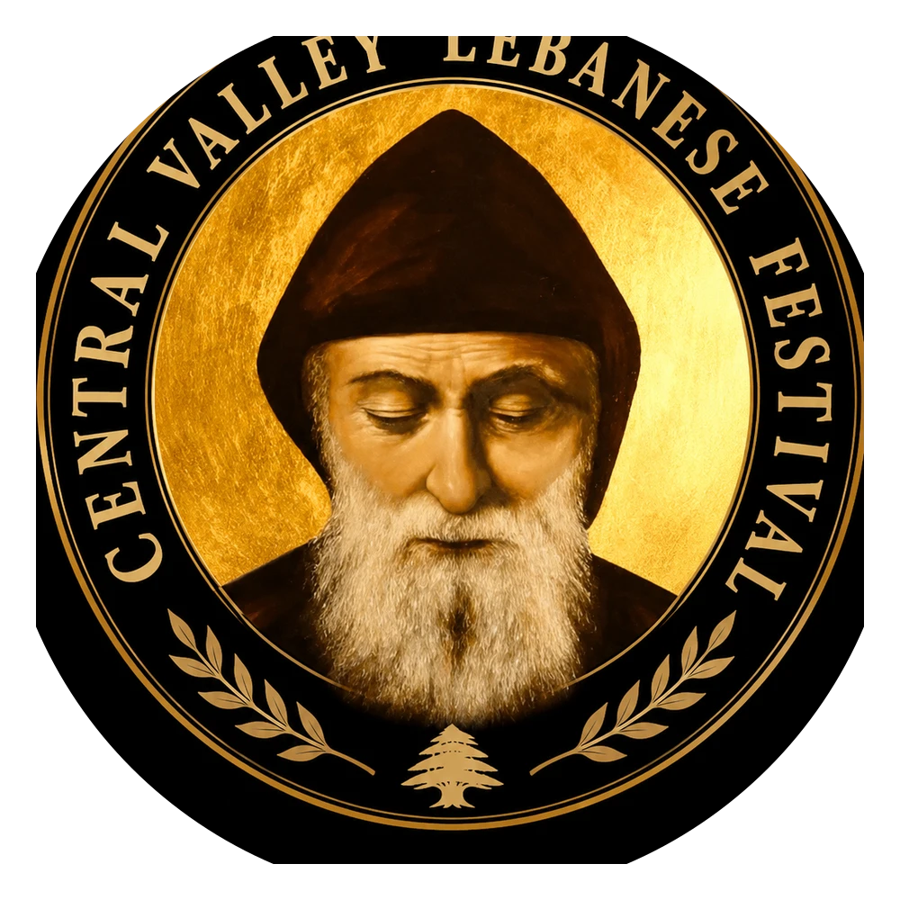 Devotional icon of St. Sharbel Makhlouf, the Lebanese Maronite monk-hermit, shown bearded in dark monastic robes beneath a radiant gold halo on a black ground