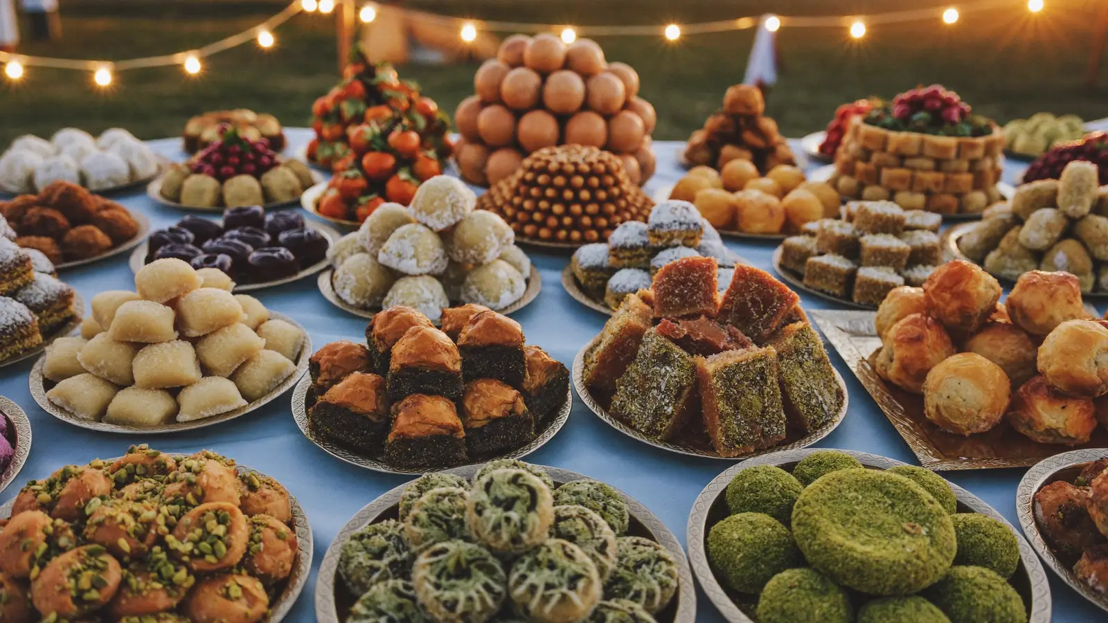 Trays of Lebanese sweets including baklava and knafeh at the festival
